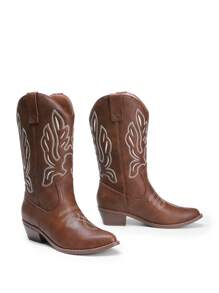 Women'S Cowboy Western Boots Point Toe Embroidered Detail Chunky Heeled Pull On Cowgirl Fall Women Clothes Party Holiday Mid-Calf Brown Boots - 棕色 - 查看 8