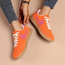 TELOXGE New Women Plush Lace-Up Flat Shoes Casual Shoes Trainers Contrast Color Cute Elegant Style - Orange - View 2