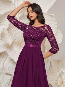 MIUSOL 优雅亮片花卉蕾丝七分袖褶裥雪纺正式派对长裙，正式晚礼服，适合婚礼宾客、毕业典礼、宴会及其他场合，春季款 - 紫紅色 - 查看 11