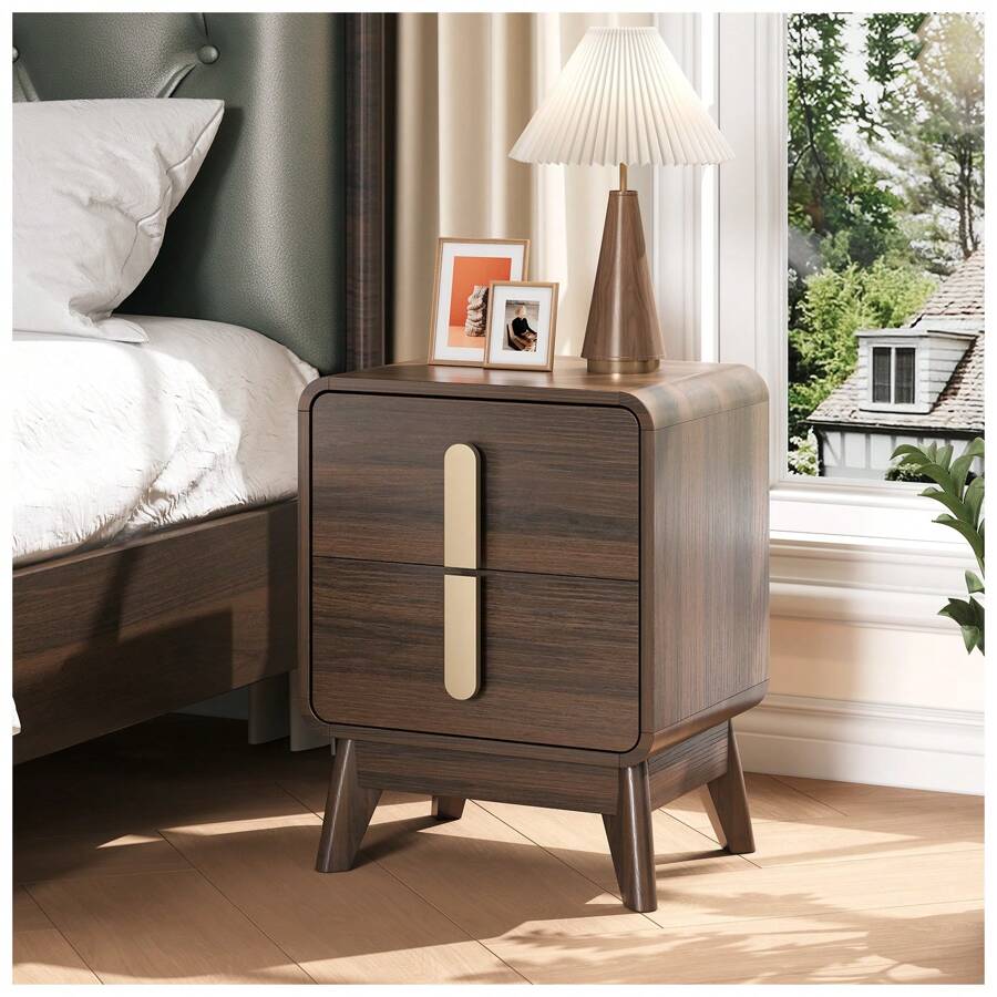 Mid Century Modern Nightstand, 2 Drawers End Table With Storage, MCM Bedside Table With Metal Handle For Bedroom, Side Table, Curved Profile Design, Dark Walnut - Quả óc chó đen - Xem 1