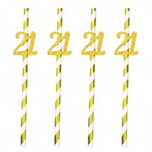 10pcs Paper Straws With 18, 21, 30, 40, 50, 60, 70, 80 Number Design In Gold & Rose Gold Color, Cake Decor For Birthday Party