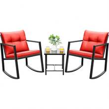 3 Piece Rocking Bistro Set Wicker Patio Outdoor Furniture Porch Chairs Conversation Sets With Glass Coffee Table (Red) - Red - View 1