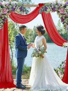 1pc 75*300/600cm Red Sheer Arch Drape, Chiffon Ceiling Drape, Backdrop Curtain, Wedding Arch Entrance Drape Fabric, Birthday/Baby Shower/Wedding Party Decor, Bridal Shower/Wedding Ceremony/Reception/Home Room Backdrop/Curtain, Multipurpose Wedding Arch/Staircase/Chair Back Decor Sheer, Valentine's Day/Wedding Favor - Red - View 9