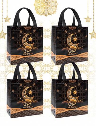 4pcs Eid Mubarak Gift Bags, Black Gold Star Moon Pattern Eid Al-Fitr Party Favor Non-Woven Tote Bags, Ramadan Gift Wrapping Supplies, Ramadan Decorations For Home 2025 Islamic Muslim Party Supplies Gifts Eid Al-Fitr Packaging Bags