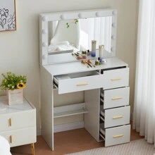 White Dressing Table +Charging Station Vanity Desk Set W/ 11 LED Bulbs Mirror UK - White - View 5