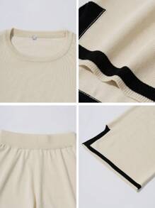 2pcs Women Sweater Set, Casual Color Blocking Knit Sweater And Pants Suit, Autumn/Winter