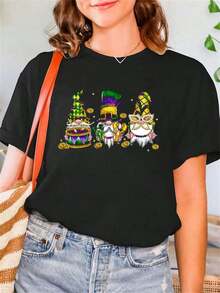 Women's Mardi Gras Shirts Short Sleeve Crew Neck Casual Fashion T-Shirt Tops Printed 2025 Carnival Comfy Loose Blouse Print Crew Neck T-Shirt For Summer, Women's Soft Short Sleeve Top, Stylish Comfy Tee For Women Graphic Tees - 黑色 - 查看 1