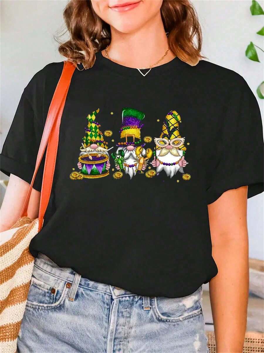 Women's Mardi Gras Shirts Short Sleeve Crew Neck Casual Fashion T-Shirt Tops Printed 2025 Carnival Comfy Loose Blouse Print Crew Neck T-Shirt For Summer, Women's Soft Short Sleeve Top, Stylish Comfy Tee For Women Graphic Tees - 黑色 - 查看 1