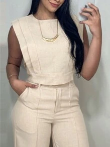 2 Pieces Round Neck Cap Sleeve Crop Top And Casual Pocket Design Straight Pants Set - Màu be - Xem 2