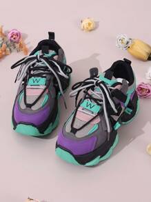 Women's Chunky Sneakers, Round Toe Platform Shoes, European & American Style Sports Shoes, Fashion Trainers, Colorblock Sports Shoes, Metallic Thick Sole Sneakers, Ladies' Athletic Shoes, Lace-Up Workout Shoes - Multicolor - View 3