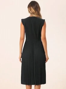 Women's Summer Dress Elegant Sleeveless V Neck A-Line Pleated Flowy Midi Dress - 黑色 - 查看 3