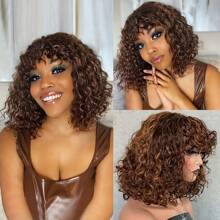 Human Wigs Curly Wig With Bangs Brazilian Virgin Human Hair No Lace Front Wigs Brown Highlight 4/27 Human Wig ,Natural Color - S4/27 - View 7