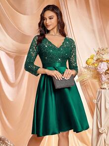 MIUSOL Sequin Floral Lace Contrast Satin V-Neck 3/4 Sleeve Swing Dress, Wedding Guest Dress, Semi-Formal Party Dress, A-Line Skirt - Dark Green - View 7