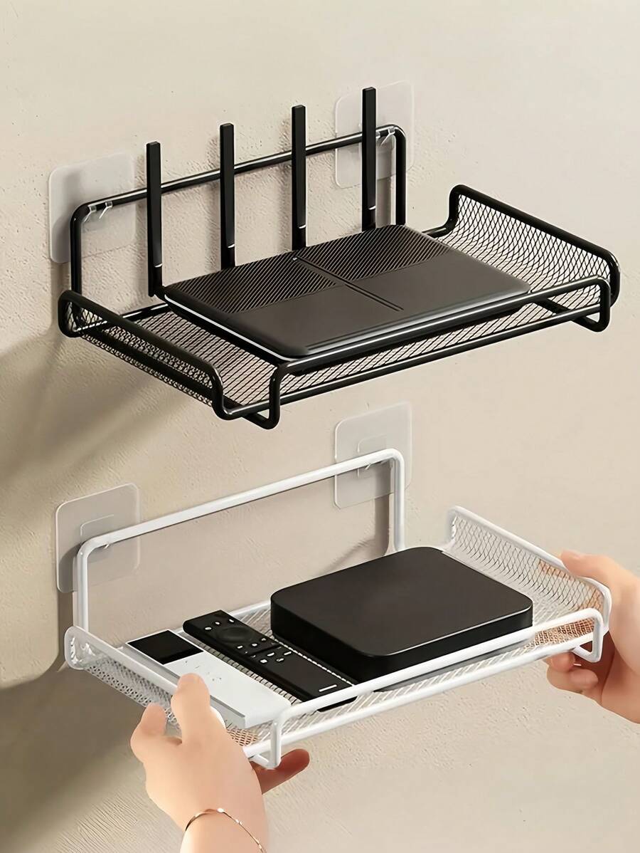 1pc White/Black 2PCS Black And White Stainless Steel Floating Rack, Wall Mounted Bracket Rack, Space Saving, Adjustable, , With Rhinestone Free Installation, Suitable For Storage Cabinets In Living Rooms, Kitchens, Bathrooms, Shelves With Built-In Hooks