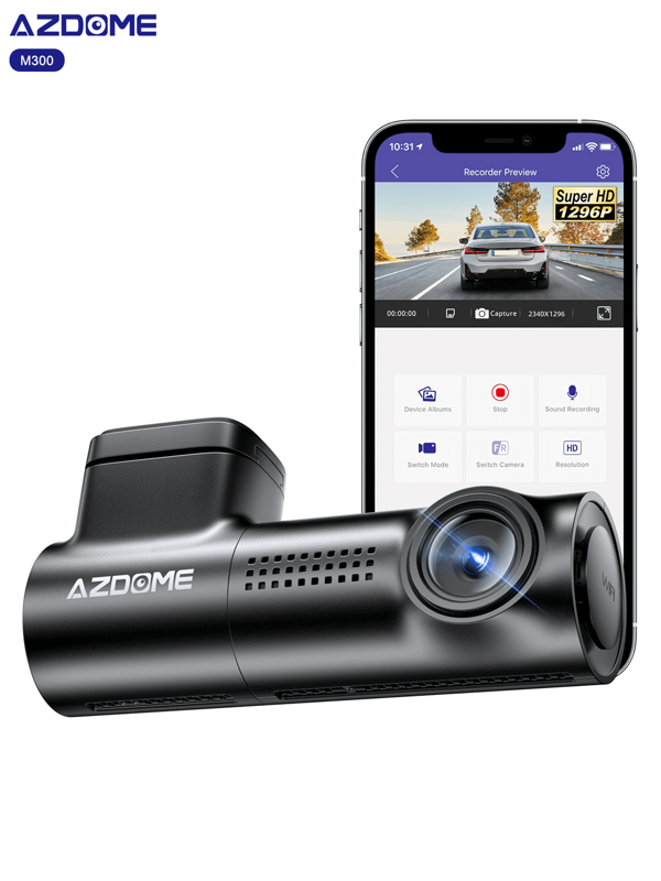 AZDOME Dashcam Voiture M300 1296P Camera Voiture avec WiFi Intégrés, Camera Voiture Grand Angle 170°, Vision Nocturne, WDR, G-Capteur, Contrôle APP, Mode Stationnement 24H