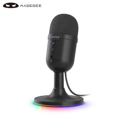 MageGee USB 麦克风，RGB 降噪麦克风非常适合流媒体播客人声录制，音量增益点击静音即插即用游戏麦克风适用于 PC、P.S4/5