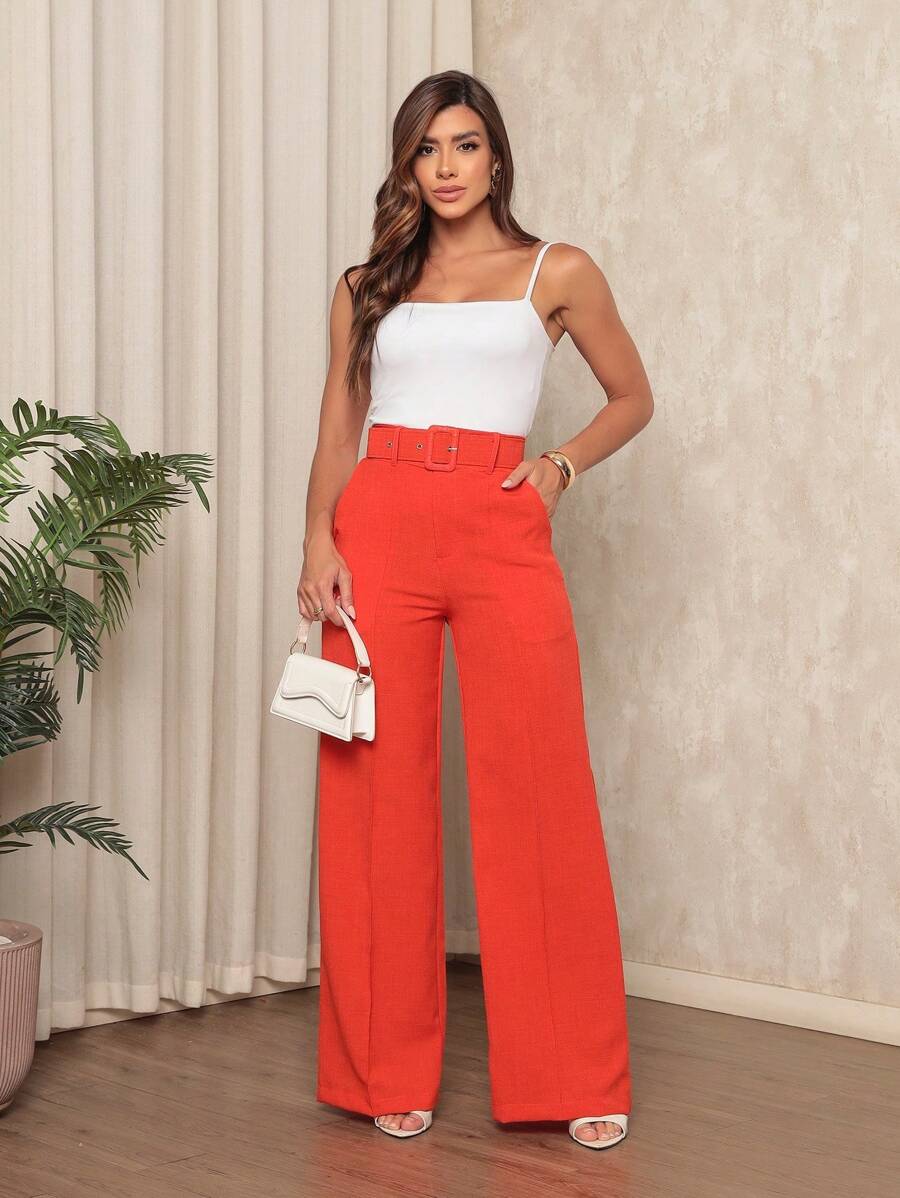 Women's Linen Material Trousers With Belt - Orange - View 1