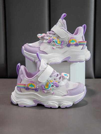 Girls Sports Shoes, Spring & Autumn New Hook-And-Loop Children's Shoes, Thick Sole Middle & Big Kids Casual Cartoon Sneakers, School Campus Running Shoes, Toddler Chunky Sneakers