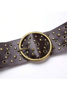 1pc Women's Retro Western Style Metallic Distressed Bronze Grommet Hollow Belt With Waist Chain, Fashion Accessory For Dress, Suitable For Daily Wear Summer, School Fall, Autumn, Halloween