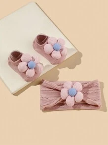1 set Bandeau élastique en nylon et chaussettes avec décor floral pour bébé/tout-petit - HB134 vieux rose - Voir 2