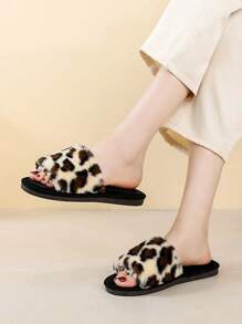 Women Cotton Plush Slippers Leopard Pattern Breathable Warmth Wear Resistance,Women Fashion Leopard Print Fuzzy Bedroom Slippers Beige,Women Leopard Pattern Fuzzy Bedroom Flip Flops,Fashion Open Toe Home Flip Flops,Women Leopard Pattern Cross Strap Fluffy Bedroom Slippers, Fabric Fashion Slippers Indoor - 米色 - 查看 8
