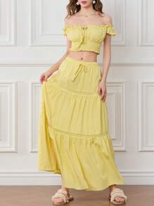 Womens Two Piece Summer Outfits Off Shoulder Frill Trim Crop Tops And Long Skirt Set Beachwear