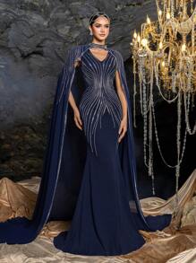 Faeriesty 2pcs Elegant Crystal Decor Mermaid Skirt Formal Dress Set With Chiffon Shawl - Navy Blue - View 2