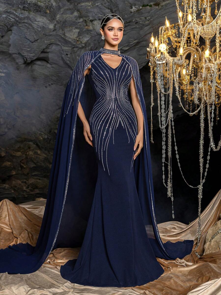 Faeriesty 2pcs Elegant Crystal Decor Mermaid Skirt Formal Dress Set With Chiffon Shawl