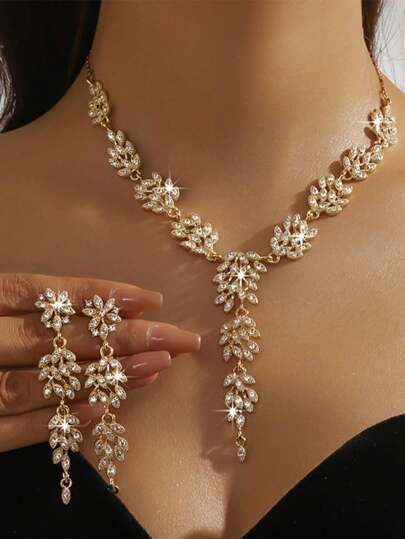 Luxury Rhinestone Fringe Bridal Necklace Earrings Set, Sexy Alloy Jewelry With Sparkling Rhinestones For Parties And Holidays, Thanksgiving Elegant Accessories For Women - Two-Piece Set