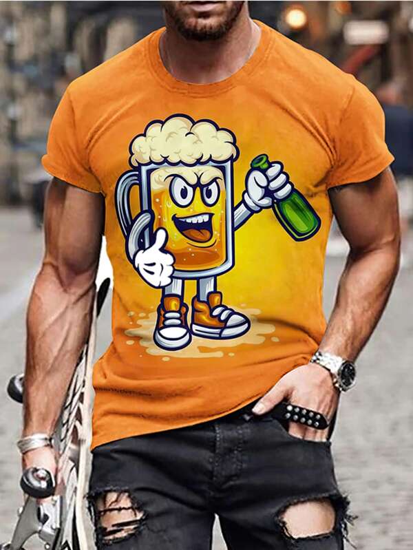 Nueva camiseta informal cómoda de estilo callejero, con estampado divertido de cerveza, camiseta de moda de manga corta con gráfico 3D