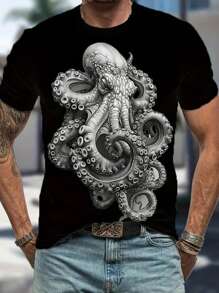 New Men's Summer Casual 3D Octopus Printed T-Shirt, Breathable Polyester Crew Neck, Short Sleeve - Perfectly Matching Casual Wear - Black - View 1
