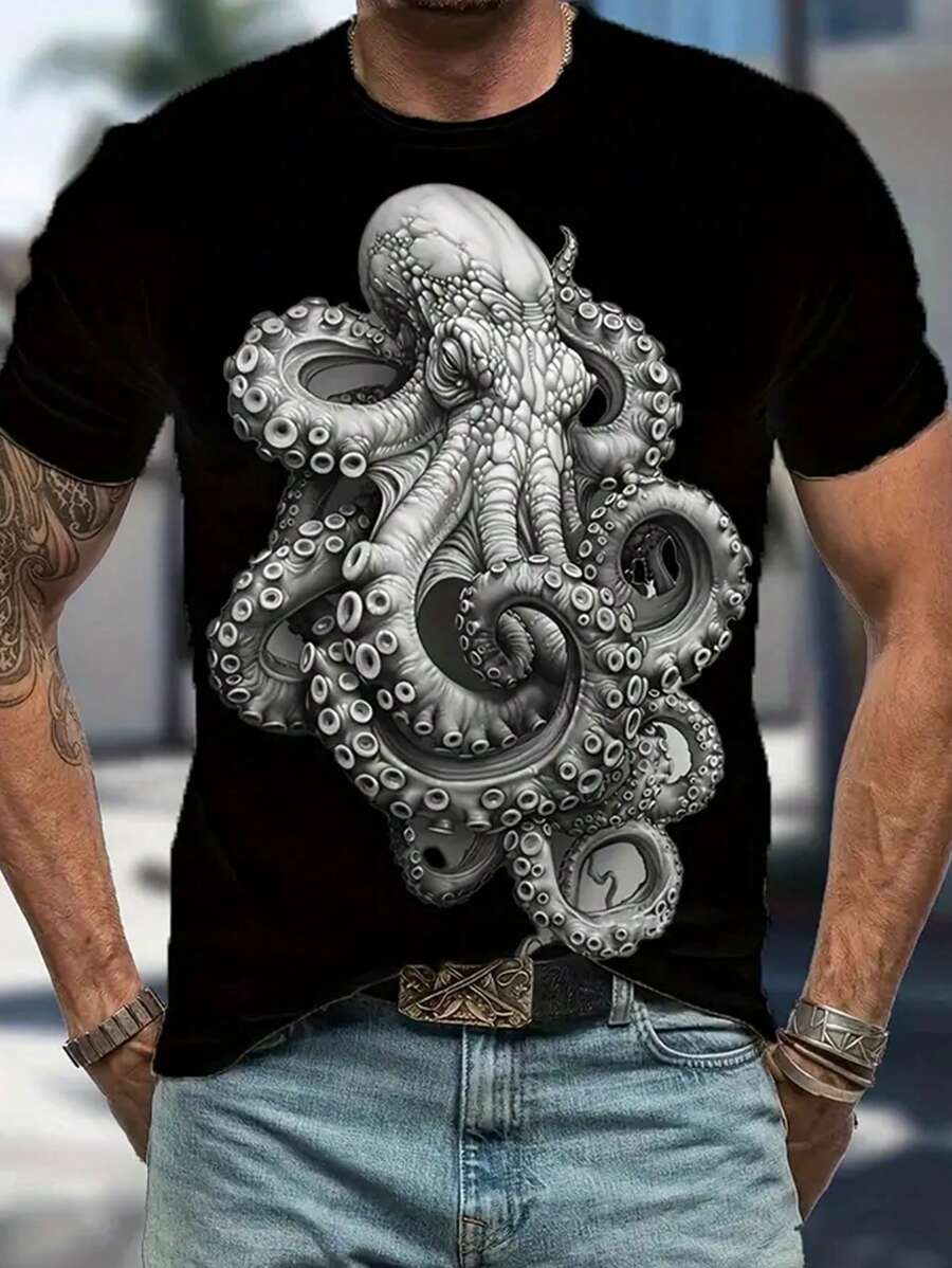 New Men's Summer Casual 3D Octopus Printed T-Shirt, Breathable Polyester Crew Neck, Short Sleeve - Perfectly Matching Casual Wear - Black - View 1
