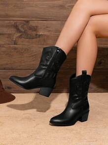 Women's Embroidered Western Cowboy Ankle Boots Almond Toe Chunky Heel Side Zipper Cowgirl Style Suitable For Spring And Fall Party Festival Short Boots - màu đen - Xem 3