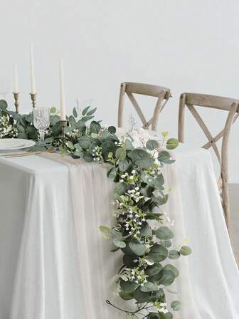 2条人造悬挂式桉树叶藤蔓，桉树叶花环，仿真金钱树藤蔓，绿色白金汉叶，适用于婚礼装饰、室内外装饰、场景布置