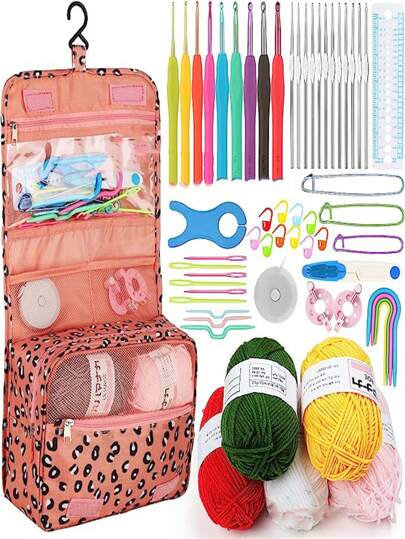 59pcs/Set Crochet Kit, Portable Hanging Storage Knitting Tools For Beginners, Can Crochet Pet Clothes, Socks, Gloves, Scarf, Hat, Flowers, Bags, Pockets, Gifts, Decoration Accessories, Random Color Yarn & Hook