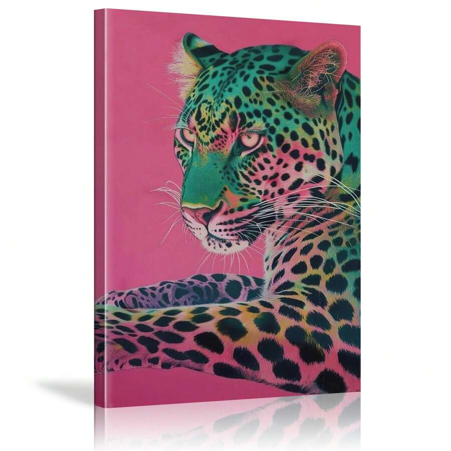 1 Piece Framed Fashion Retro Green And Pink Leopard Print Poster College Style Cool And Fashionable Painting Poster Canvas Wall Art Print Suitable For Modern Living Room Bathroom Bedroom Hotel Apartment Villa Children's Room Nursery Porch Kitchen Restaurant Classroom Office Decoration Ready To Hang