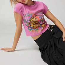 Women's Summer Slim Crop Tops Letter Tiger Pirnt Short Sleeve Round Neck Show Navel Baby Tee Streetwear - Hồng - Xem 3