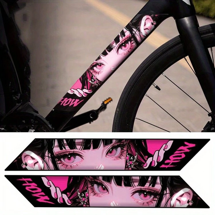 2 piezas de adhesivos de marco de bicicleta con diseño de ojos de anime, adhesivos de estilo JDM de PVC, aptos para bicicletas de carretera y de montaña, decoración personalizada para tubos superior e inferior, gráficos de vinilo resistentes al agua y a los rayos UV - Multicolor - Añade 1