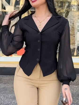 纯色西装领网眼拼布纽扣衬衫长袖上衣