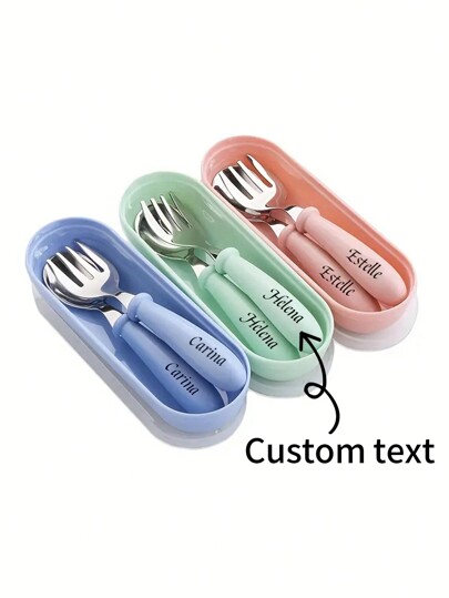 1 Set Personalized Children's Cutlery Spoons Forks With Storage Box, Customized Name Portable Kids Dinnerware Set, Easter/Back To School Gift,Halloween Edit