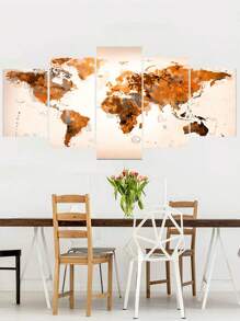 5 Pcs Unframed Canvas Wall Arts Posters Painting Abstract Brown Watercolour-Style World Map On A Beige Background Art Poster Canvas Master Bedroom Artwork For Living Room, Bedroom, Bar Wall Decor,Vintage Home Decor Gift Gifts Birthday Graduation