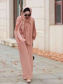 Modest Prayer Khaki Color Dress Hooded Smocking Sleeve Women Solid Robe