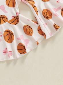Ropa de verano para niñas, mono de manga corta con cuello redondo, pantalones acampanados con estampado de baloncesto y diadema - Caqui - Ver 7