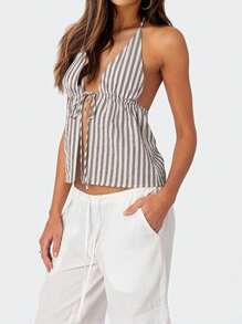 Women's Halter Neck Cami Tops Slim Striped Tie-Up Low Cut Sleeveless Backless Crop Shirt For Party Club - Grey - View 1