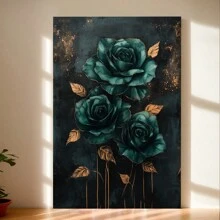Emerald Green Rose Wall Art, Modern Botanical Canvas Print, Bedroom, Living Room, Bathroom Home Decor,Festive Touch For Valentine's And New Year