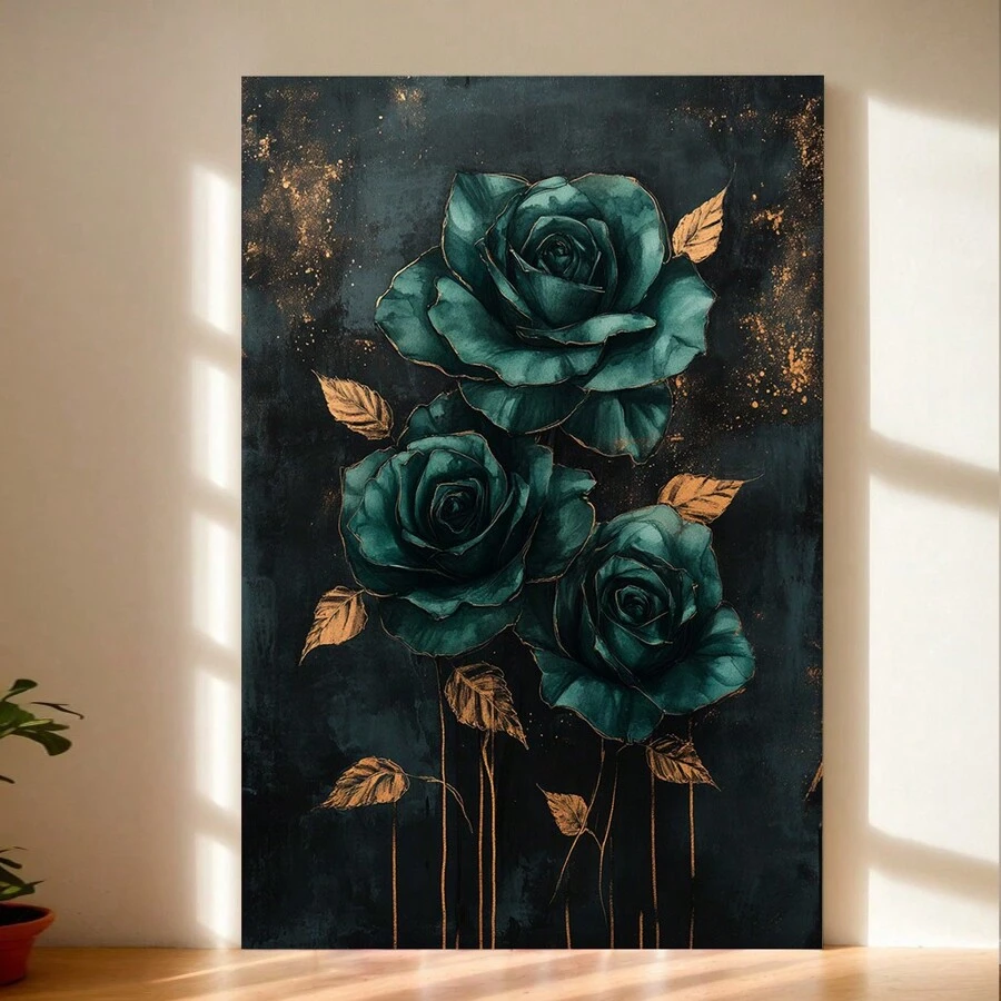 Emerald Green Rose Wall Art, Modern Botanical Canvas Print, Bedroom, Living Room, Bathroom Home Decor,Festive Touch For Valentine's And New Year