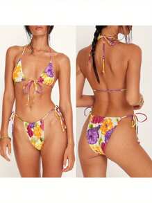 Women's 2 Piece Swimsuits Halter Tie Side Triangle Bikini Set Summer Two Piece Bathing Suits - Multicolor - View 3