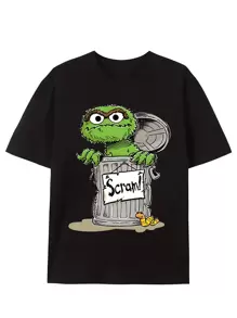 A Fun Men's Short Sleeved Graphic T-Shirt Series Featuring Oscar Grouch Rolling Egg T-Shirt, Black Exquisite Pattern Printing, Round Neck High Street Pure Cotton Short Sleeved T-Shirt, Outdoor Sport Pattern T-Shirt, Printed T-Shirt, High-End Pure Cotton T-Shirt - Black - View 1