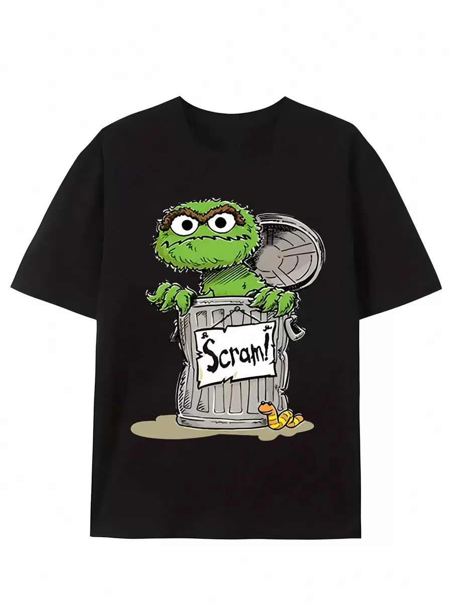 A Fun Men's Short Sleeved Graphic T-Shirt Series Featuring Oscar Grouch Rolling Egg T-Shirt, Black Exquisite Pattern Printing, Round Neck High Street Pure Cotton Short Sleeved T-Shirt, Outdoor Sport Pattern T-Shirt, Printed T-Shirt, High-End Pure Cotton T-Shirt - Black - View 1