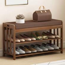 Shoe Storage Bench With Cushion, Solid Wood Entryway Storage Bench, 2 Tier Shoe Bench Entryway Bench With Storage, Shoe Rack For Entryway Hallway Living Room Bedroom - 棕色 - 查看 1